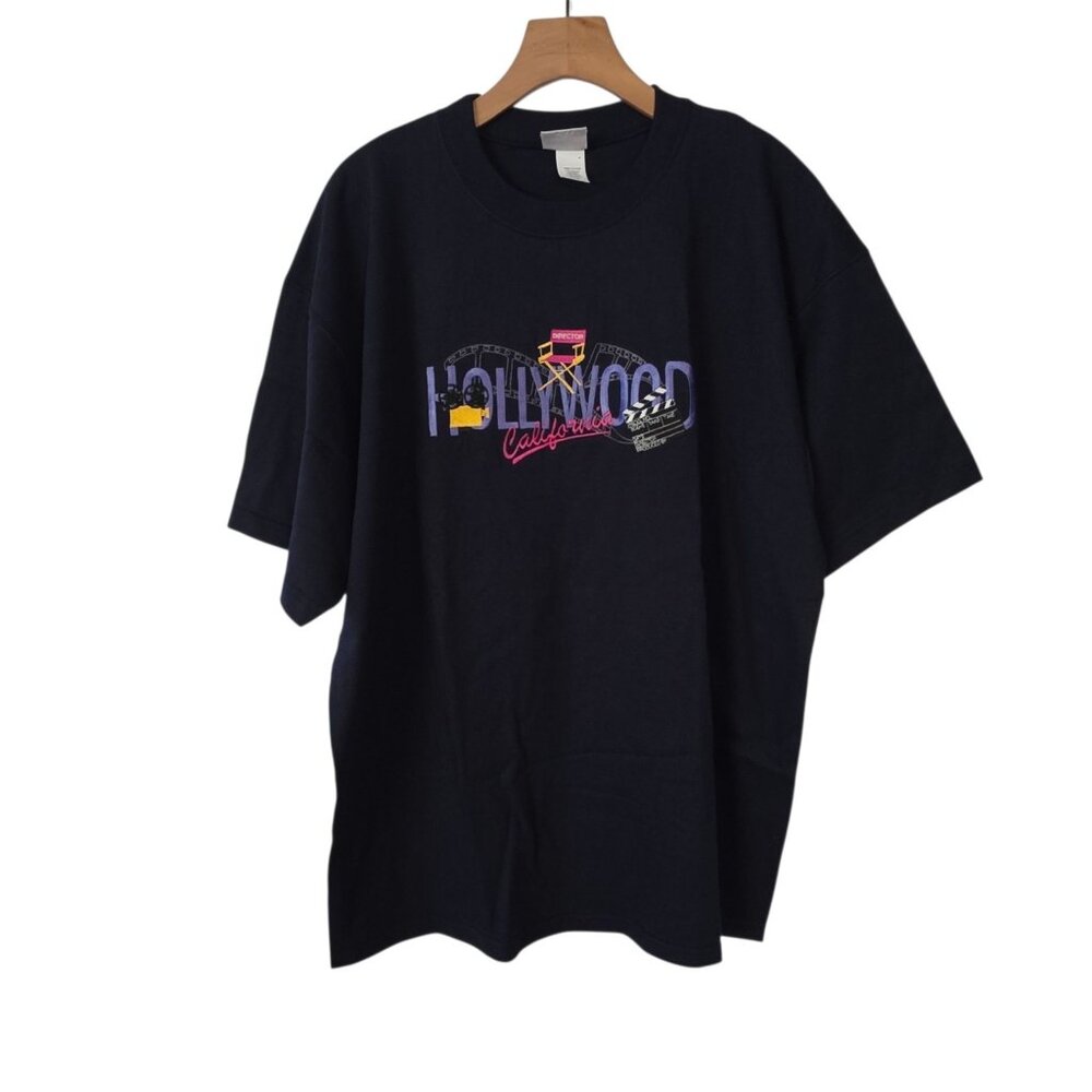Hollywood California T-Shirt Top Threads Embroidered Heavyweight Blue XL NEW